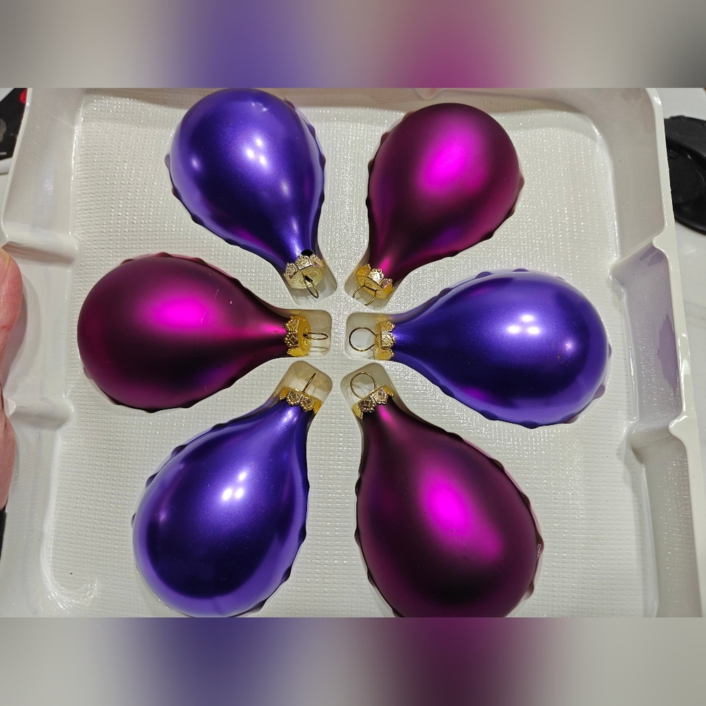 Vintage December Home Pear Shape Glass Ornaments Christmas Purple Pink